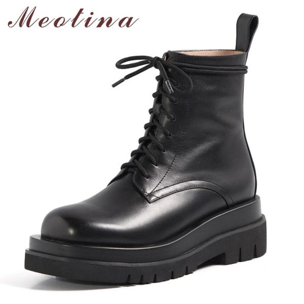 

boots meotina ankle women shoes natural genuine leather platform flat female lace up flats short ladies winter black