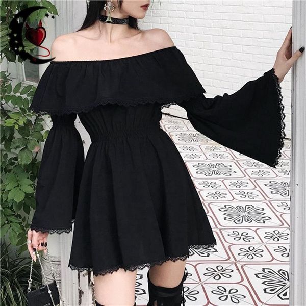 

casual dresses gothic black flare sleeve dress punk vintage off shoulder long spring autumn fashion female mini, Black;gray