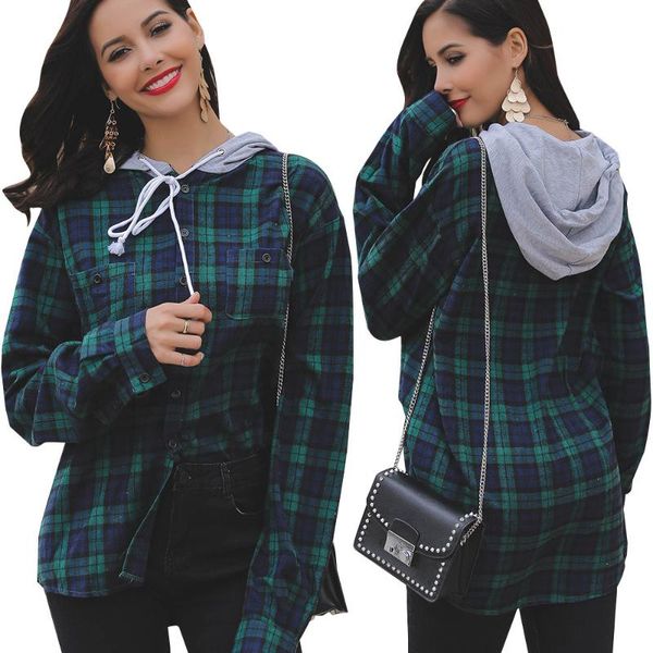 

women's hoodies & sweatshirts european style spring explosion contrast plaid chest pocket personality hooded drawstring shirt sweatshir, Black