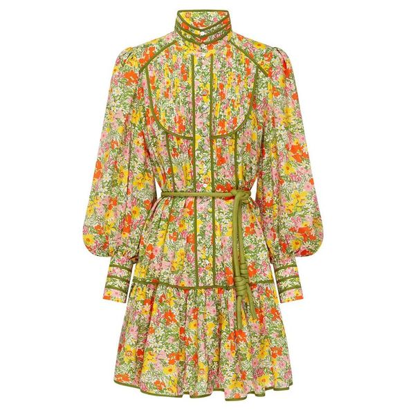 

casual dresses 2021 fashion runway autumn dress women flowers printed single breasted lantern sleeve belt, Black;gray