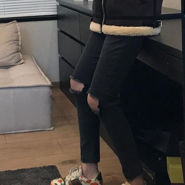 

women's jeans women ripped high waist vintage ladies chic trouser ankle-length retro ins fall hole design teens street harajuku, Blue