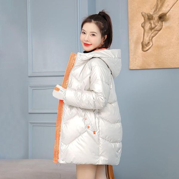 

women's down & parkas bright face padded jacket mid-length 2021 winter loose thick cotton coat clothing, Black