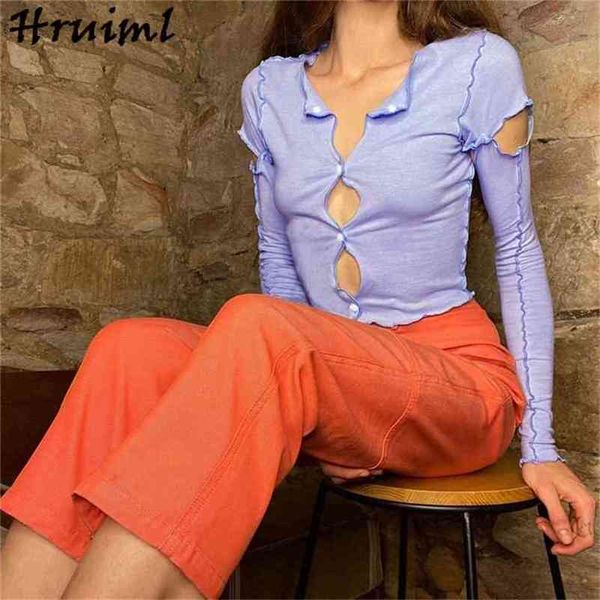 T-shirt sexy per donna manica lunga rimovibile tinta unita top monopetto frontale lavorato a maglia casual slim magliette divertenti 210513