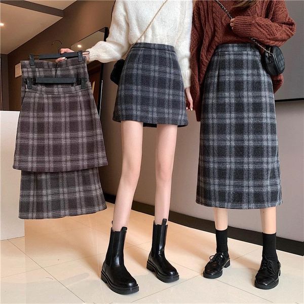 

autumn winter woolen plaid skirt women's mid-length high-waisted slimming hip-covered crotch casual a-line skirts, Black