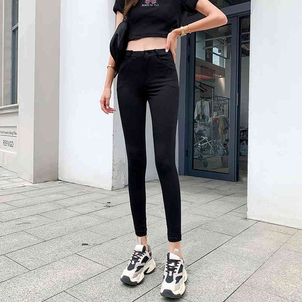 

pants women fashion slim high waisted stretchy skinny pencil pants solid color streetwear trousers 210515, Black