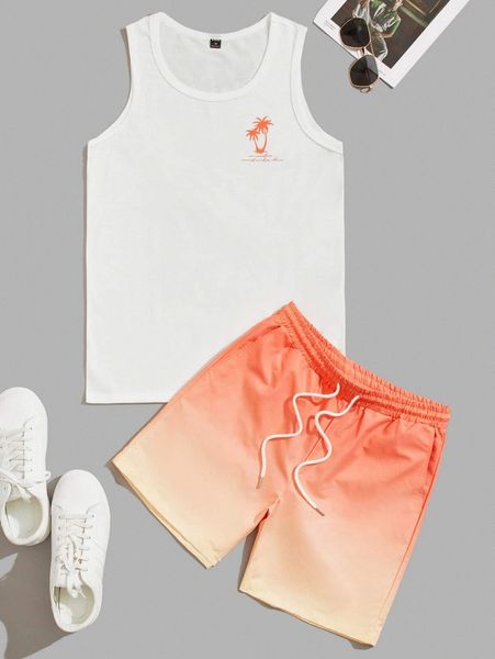 

men letter & palm tree print tank & ombre drawstring waist shorts d8zy#, Gray