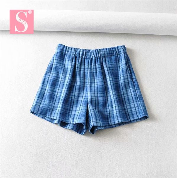

blue plaid shorts for women 2021 summer casual elastic waist cotton female women's, White;black