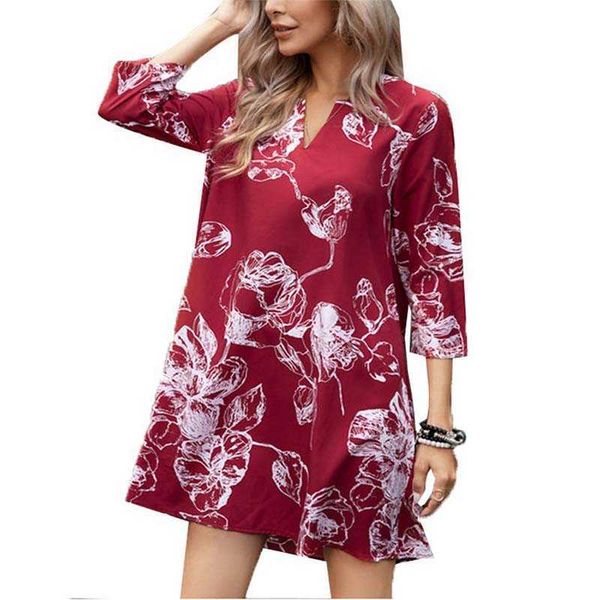 

floral print vintage v neck wrist sleeve dress women loose waist casual above knee length elegant plus size streetwear dresses 210608, Black;gray