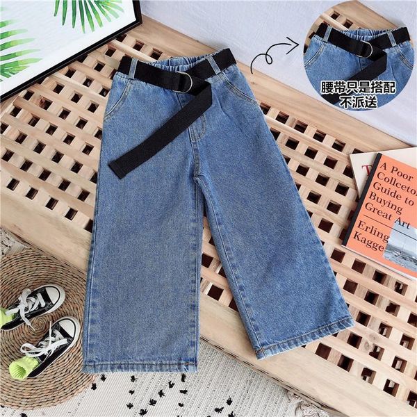 

classic children's clothing cotton solid color zipper high waist loose jeans 2021 chao fan casual boutique tz0072 trousers, Blue