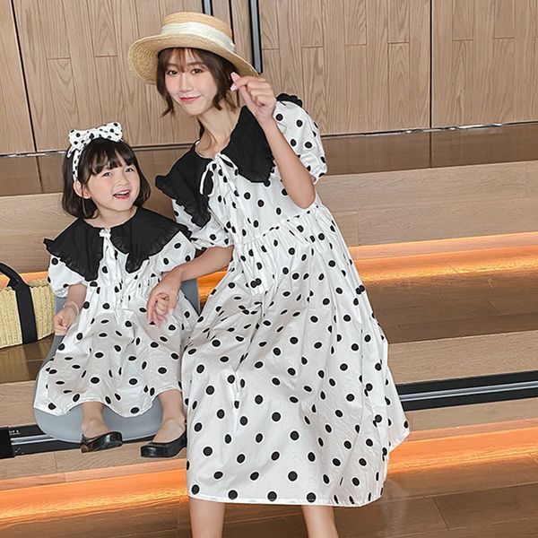 

summer family look mother daughter dress clothes matching outfits bubble sleeve dot 210521, Blue