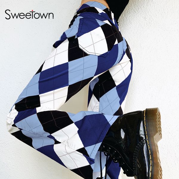 

sweetown y2k aesthetic baggy joggers woman cargo pants argyle pull plaid vintage 90s streetwear casual e girl straight trousers, Black;white
