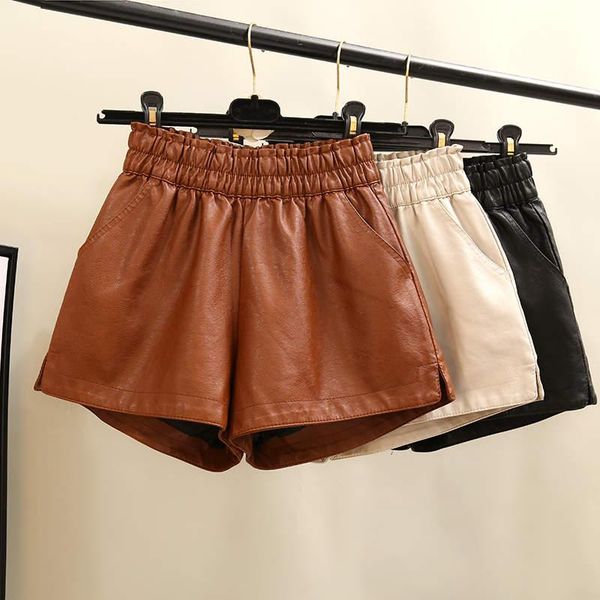 

women's shorts autumn pu leather women elastic waist fashion loose wide leg short femme trousers casual biker c7713, White;black
