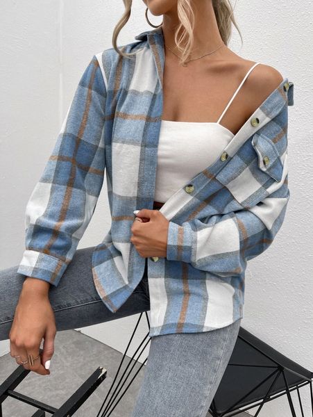 

plaid print curved hem button front coat x5po#, Black