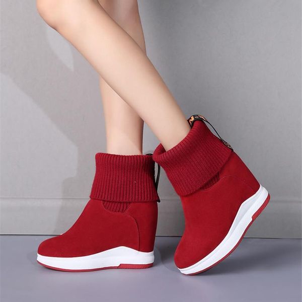 

boots winter plus velvet warm shoes genuien cow suede leather 10cm heels mid wedge heeled casual platform women's e0103, Black