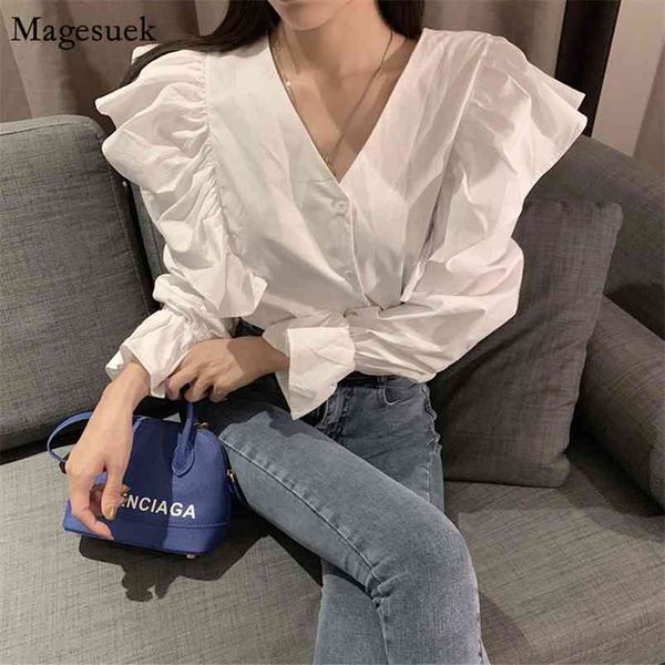 

autumn ruffles women blouse shirt v-neck long-sleeved korean slim shirts cardigan fashion elegant blusas 9656 210512, White