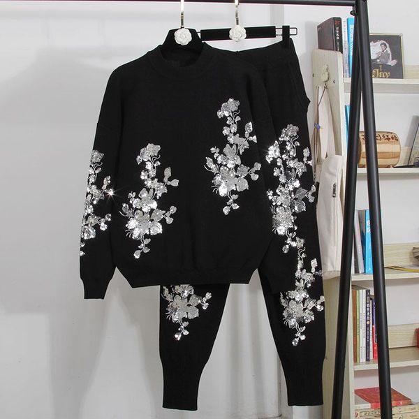 

women's two piece pants handwork sequins flowers knitted set women tracksuits 2pc pullover sweater pencil outfits female loose knit sui, White