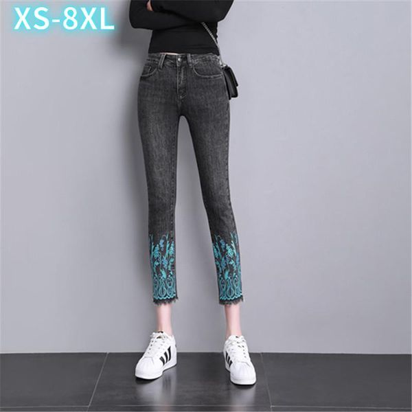 

women's jeans spring slim stretch-embroidered cropped trousers with small feet plus size high waist pencil pants, Blue