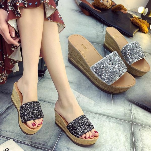 

jaycosin the women wedges platform fashion sequins shallow mouth leisure slippers shoes 2021 apr10 p40, Black