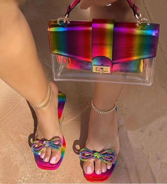 

slippers 2021 neon jelly purses and slide set rainbow bow flip-flops handbags rhinestone flat slipper bag fashion womens shoes, Black