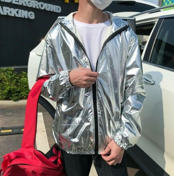 

men's jackets shiny hooded costume jacket metallic glitter sparkle coat outwear solid long sleeve spring autumn fashion, Black;brown