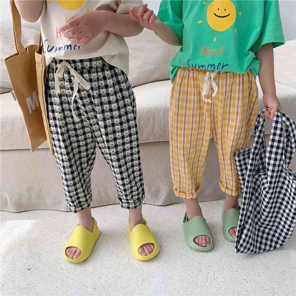 

summer kids clothes plaid cotton pants for sisters korean loose clothing, Blue