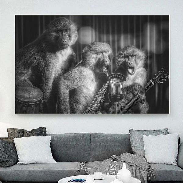 Arte de macaco preto e branco Pôsteres e impressões Pinturas de cantor de banda de animal na arte de parede de lona para a decoração da sala de estar