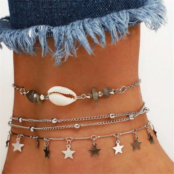 

anklets cute natural stone shell for women multi layer star silver color chain metal ball bracelets girl party gifts, Red;blue