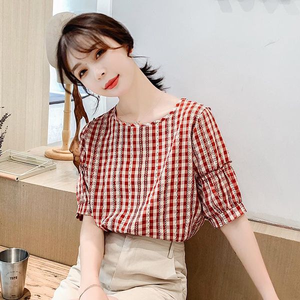 

women's blouses & shirts korea women sweet colorful plaid back bow tie short sleeve o neck blouse ladies summer casual blusas, White