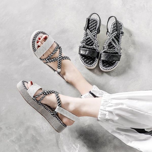 

sandals fashion platform women 2021 summer casual open toed femme shoes rome comfortable ladies outdoor beach, Black