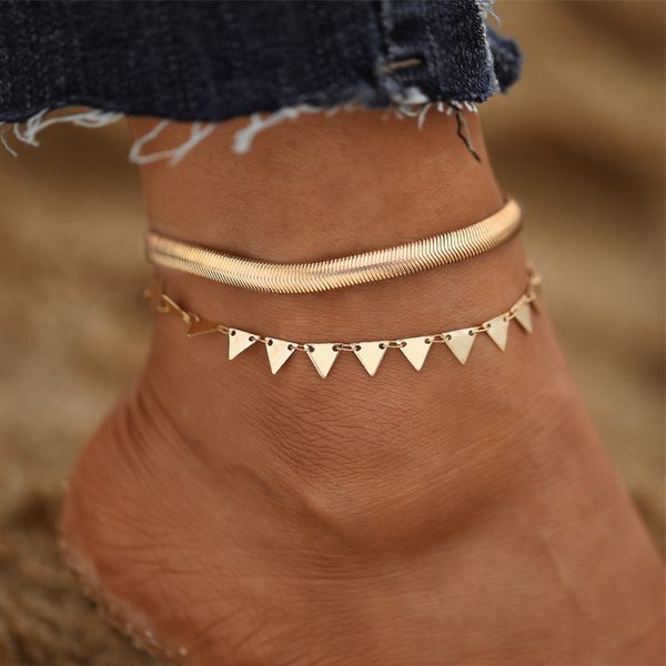 

hanzhishangfeng fashion triangle double layer men's and women's alloy gold snake bone foot chain, Red;blue