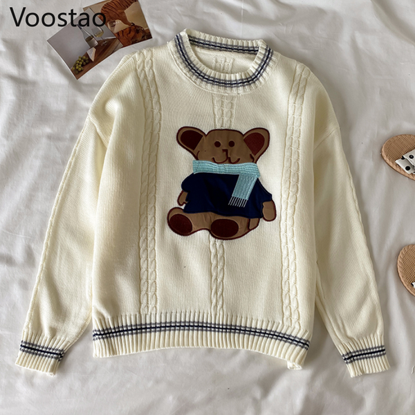 

autumn winter women kawaii knitted sweater korean girls sweet o-neck bear embroidery pullover harajuku cute loose y2k knit, White;black
