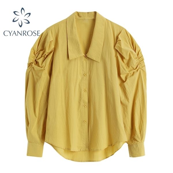 

solid vintage blouses or for woman puff long sleeve lapel single breasted korean trendy mori girl beach shirts blusas 210515, White