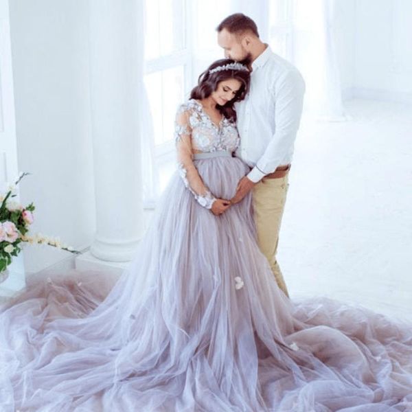 

wraps & jackets see through flowers appliques maternity dresses v neck long sleeves nightgown pography pregnancy women lace tulle dress, White