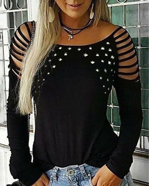 

women's blouses & shirts women rivet sequins cold shoulder fashion ladies long sleeve hollow out blouse female solid pullovers plus siz, White