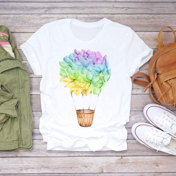 

womens t-shirts ladies harajuku balloon watercolor cute flower 90s floral women print t graphic female tee t-shirt women's, White