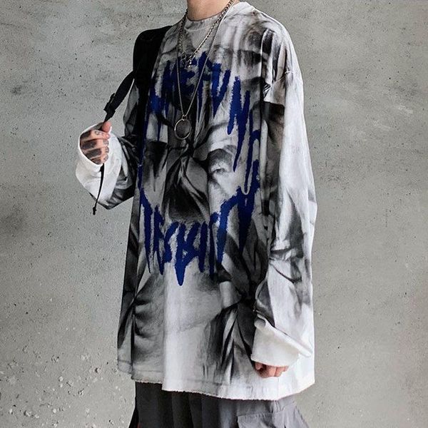 

men's t-shirts tie-dye shirt men high street retro o-neck letter printing long-sleeved couple harajuku style loose korean fashion trend, White;black