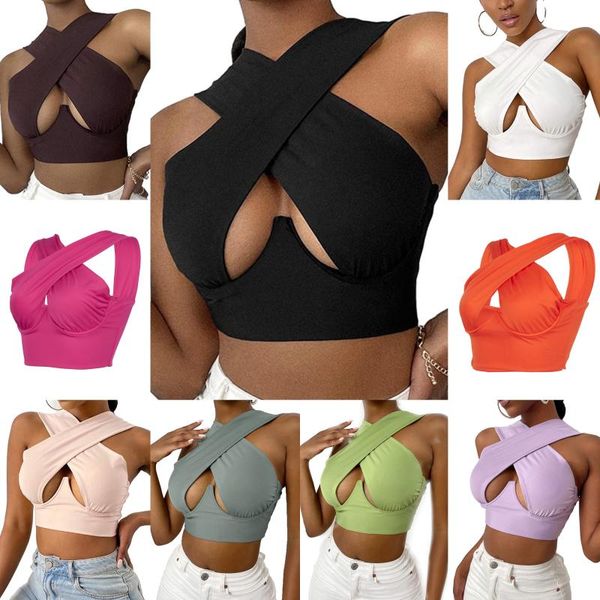 

yoga outfit summer women solid tank cross strap v-collar short halter pleats backless vest for female clubwear party outwear