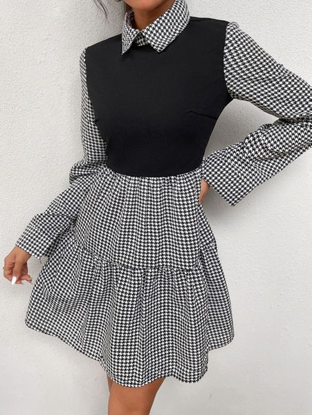 

houndstooth ruffle hem 2 in 1 dress q2kq#, Black;gray