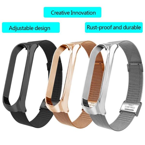 

watch bands for millet bracelet 4 buckle section three beads solid metal mesh belt replacement wristband latest gifts, Black;brown