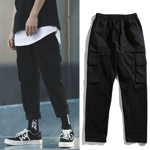 

men's pants 2021 fashion cargo men street style cotton jogger casual slim sweatpants, Black