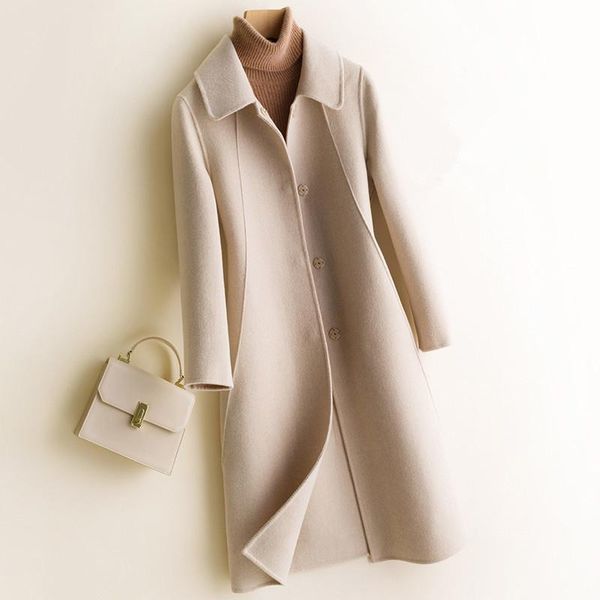 

women's wool & blends autumn winter fashion women 5 color double-sided woolen coat female slim suit collar elegant office lady long jac, Black