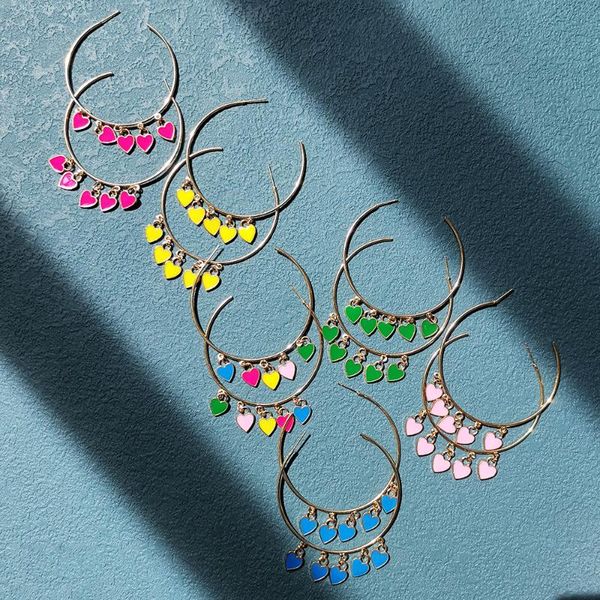 

hoop & huggie gold color big circle earrings for women korea candy enamel love peach heart pendant tassel earring wholesale jewelry, Golden;silver