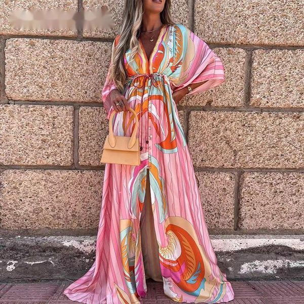 

casual dresses summer floral print beach dress for women 2021 long sleeve vintage v neck bandage elegent maxi robe female, Black;gray