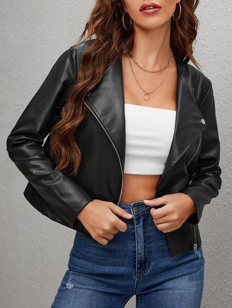 

waterfall collar zip front pu leather jacket z4fq#, Black;brown