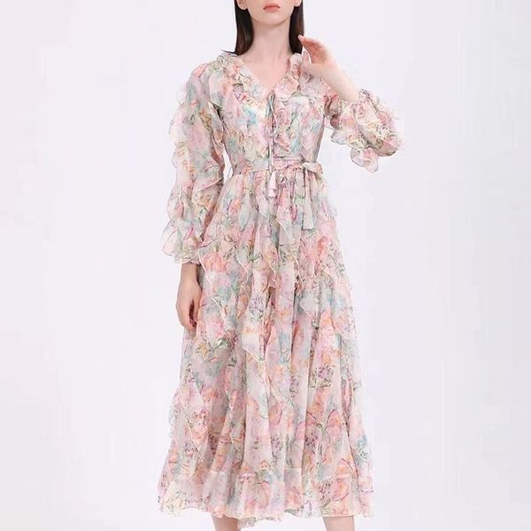 

casual dresses 2021 fashion runway autumn dress women design flowers printed ruffles elegant holiday long, Black;gray