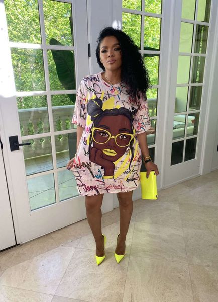 

women's cartoon head print loose dress, Black;gray