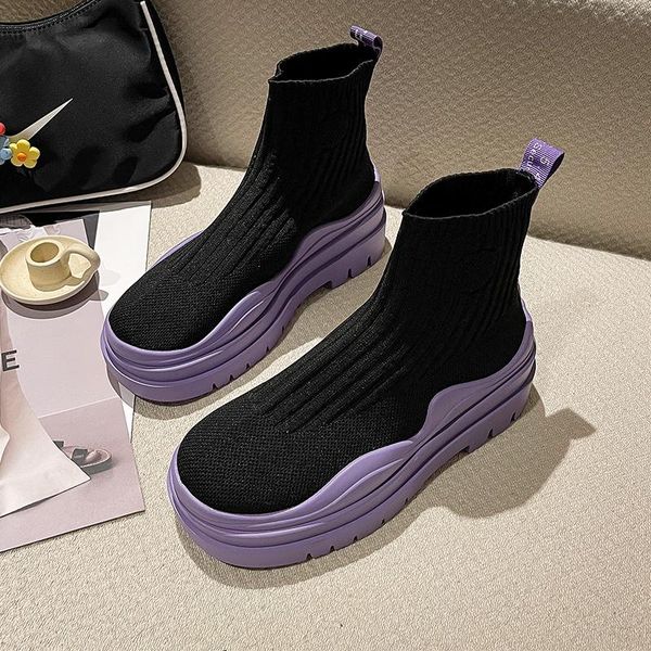 

boots black weave sock women 2021 autumn winter punk gothic shoes ankle high platform short combat