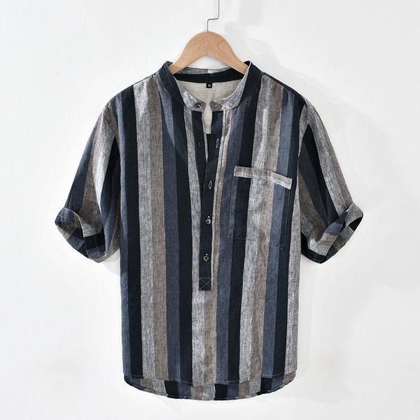 

men's casual shirts men clothing 2021 summer japanese retro hedging color matching linen stripes loose stand-up collar short-sleeved sh, White;black