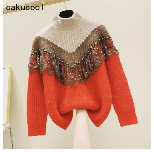 

women's sweaters cakucool mesh lace patchwork sweater half stand collar color patch ruffles beading korean cute girls jumpers, White;black