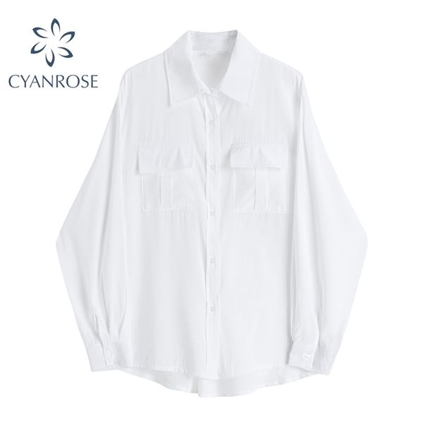 

spring white shirt women korean oversized simple basic retro harajuku blusas long sleeve single breasted female blouse 210430